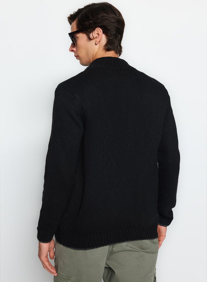 trendyol Black Regular Fit Wool Knit Detailed Zippered Pocket Knitwear Cardigan - Image 4