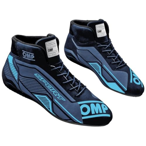 OMP Racing Driving Shoe, Sport, Mid-Top, FIA Approved, Leather Outer, Nomex Inner, Black/Cyan, Euro 39, Pair - Image 1