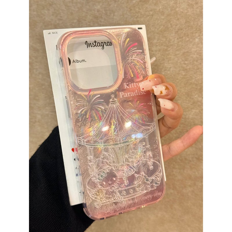 Dreamy Pink Kitty Carousel Phone Case for Apple 15 Pro, 16 Pro Max, Gradient Design, Large Hole for 14, 17 - Image 1