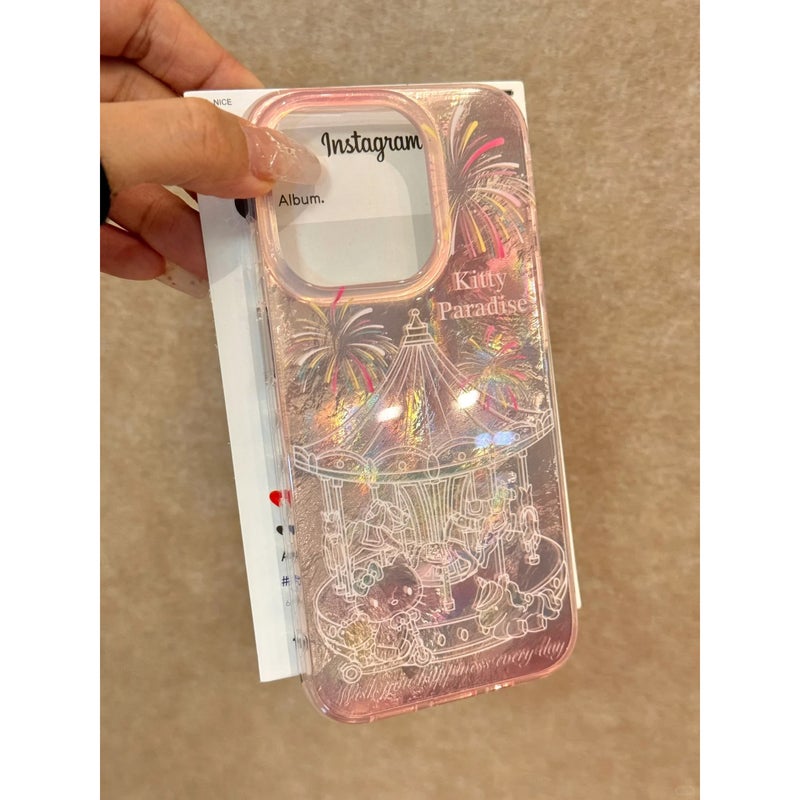 Dreamy Pink Kitty Carousel Phone Case for Apple 15 Pro, 16 Pro Max, Gradient Design, Large Hole for 14, 17 - Image 3