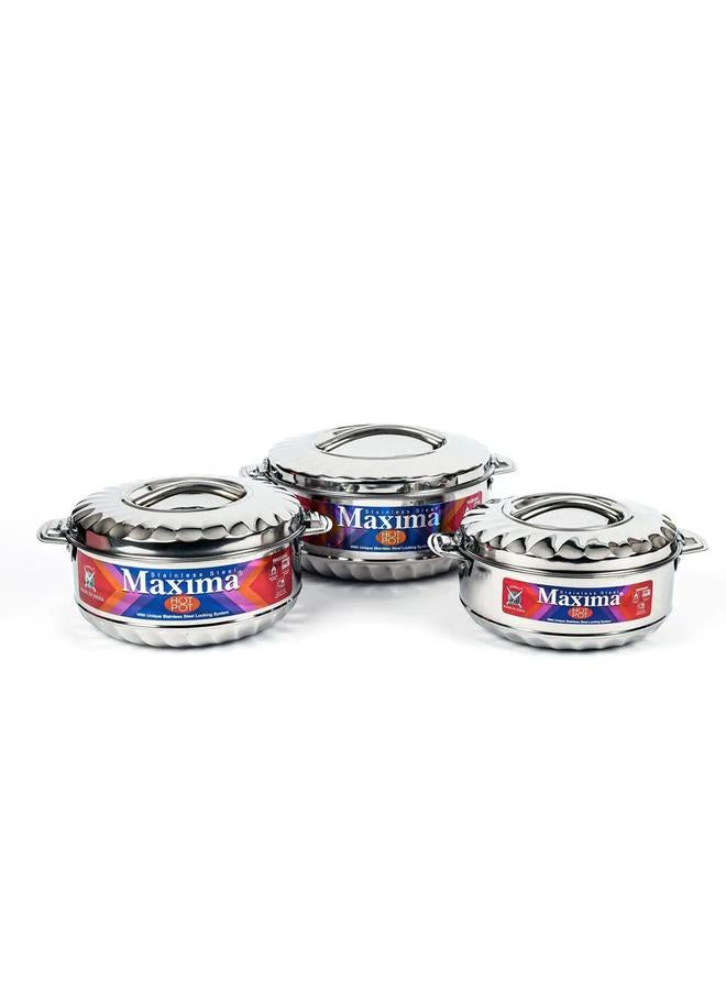 ماكسيما طقم علب طعام من الفولاذ 2500 و3500 و5000 مل بمقابض جانبية 3 قطع فضي