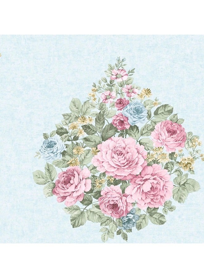 JAMEEL EDDEN HALL - Romantic Rose Wallpaper - Large Floral Bouquet on Light Blue - Vintage Inspired Design for Bedroom or Living Room 