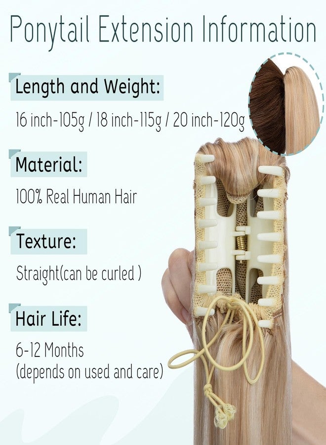 S-noilite Claw Clip Ponytail Extension Human Hair #18P613 Ash Blonde Mix Bleach Blonde Real Remy Human Hair Ponytail Extension 14inch Long Straight Hair Pony Tails Hair Extensions For Women 105Grams - Image 2
