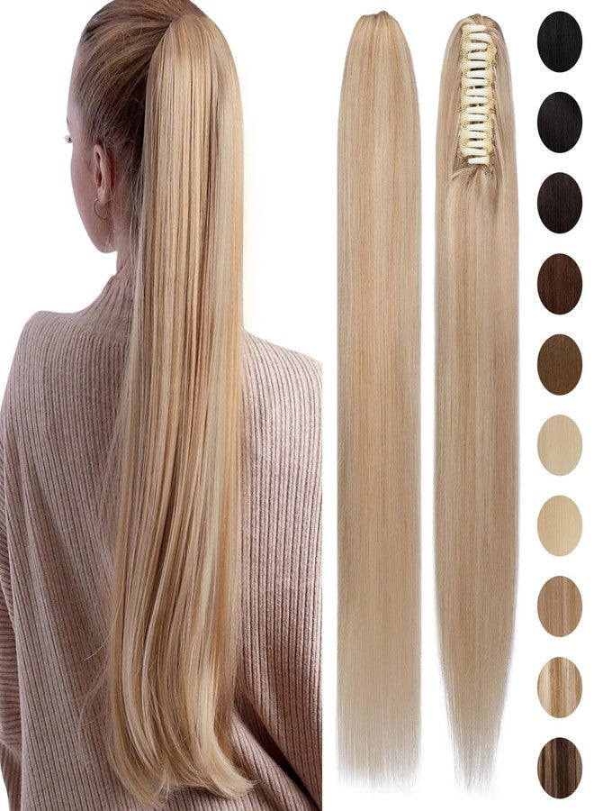 S-noilite Claw Clip Ponytail Extension Human Hair #18P613 Ash Blonde Mix Bleach Blonde Real Remy Human Hair Ponytail Extension 14inch Long Straight Hair Pony Tails Hair Extensions For Women 105Grams - Image 1