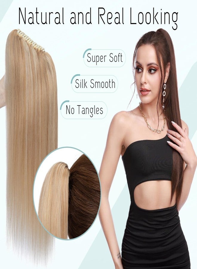 S-noilite Claw Clip Ponytail Extension Human Hair #18P613 Ash Blonde Mix Bleach Blonde Real Remy Human Hair Ponytail Extension 14inch Long Straight Hair Pony Tails Hair Extensions For Women 105Grams - Image 4