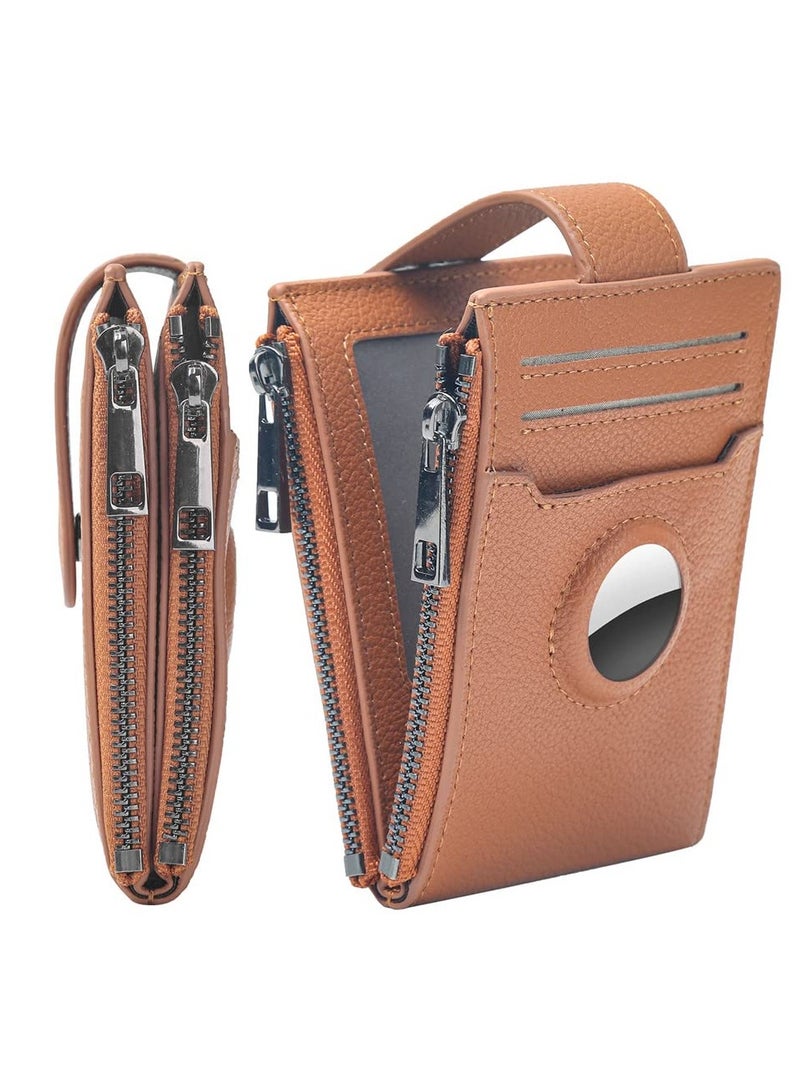 Stylish Women's Leather Bifold Wallet with AirTag Holder, Slim Multi Card Case and Zipper Coin Purse in Brown - Image 1