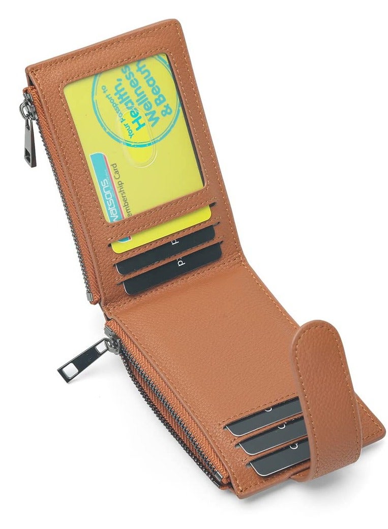 Stylish Women's Leather Bifold Wallet with AirTag Holder, Slim Multi Card Case and Zipper Coin Purse in Brown - Image 3
