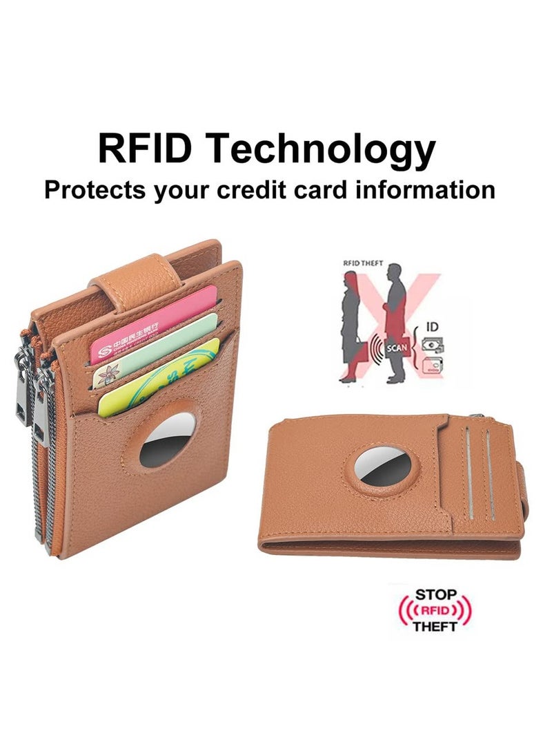 Stylish Women's Leather Bifold Wallet with AirTag Holder, Slim Multi Card Case and Zipper Coin Purse in Brown - Image 4