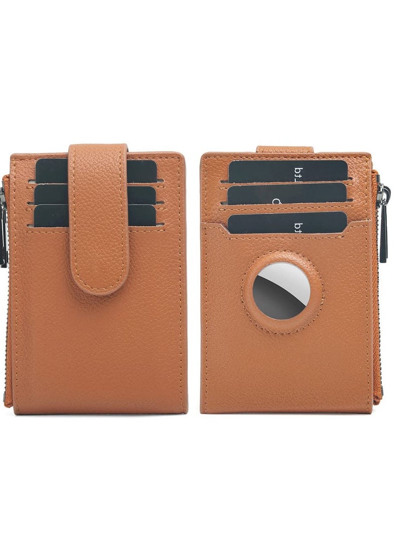 Stylish Women's Leather Bifold Wallet with AirTag Holder, Slim Multi Card Case and Zipper Coin Purse in Brown - Image 2