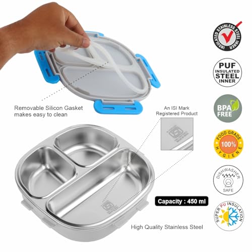 SKi Homeware SKI Baker Steel Lunch Box for Kids, 3 Compartment Insulated School Tiffin with Spoon, Leak-Proof, BPA Free, Bento Box for Boys & Girls, Birthday Gifts, Party Favours - Mickey - Image 2