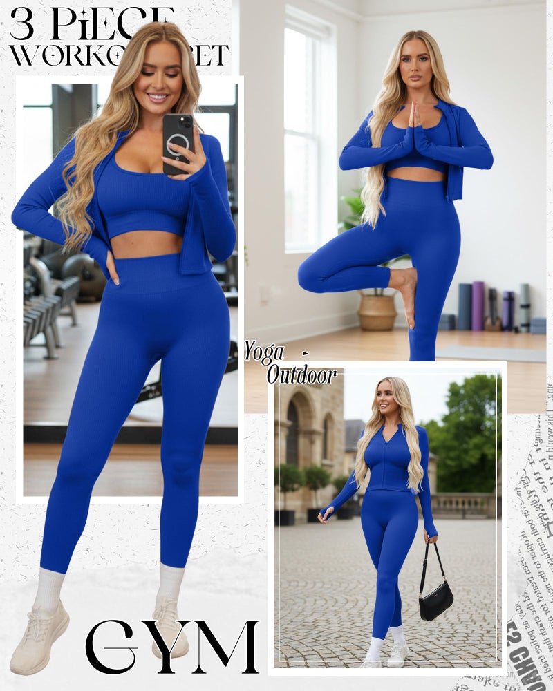 Simlakey Women 3 Piece Seamless Workout Set Sports Bra High Waisted Gym Yoga Leggings Zip Up Jacket with Thumbhole Activewear(Blue,Large) - Image 3