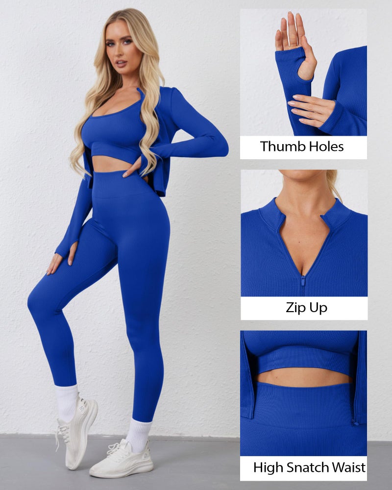 Simlakey Women 3 Piece Seamless Workout Set Sports Bra High Waisted Gym Yoga Leggings Zip Up Jacket with Thumbhole Activewear(Blue,Large) - Image 5