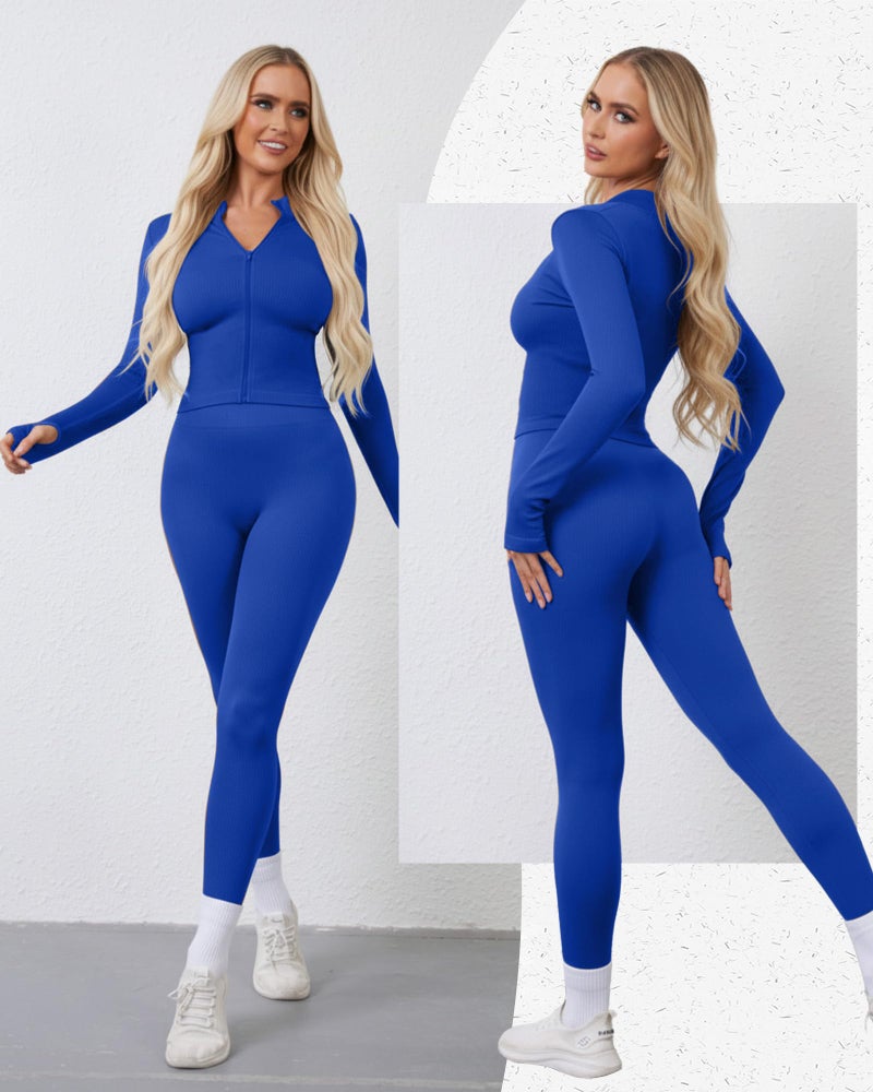 Simlakey Women 3 Piece Seamless Workout Set Sports Bra High Waisted Gym Yoga Leggings Zip Up Jacket with Thumbhole Activewear(Blue,Large) - Image 2