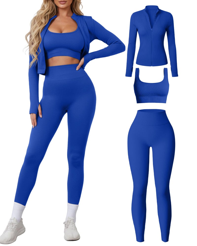 Simlakey Women 3 Piece Seamless Workout Set Sports Bra High Waisted Gym Yoga Leggings Zip Up Jacket with Thumbhole Activewear(Blue,Large) - Image 1