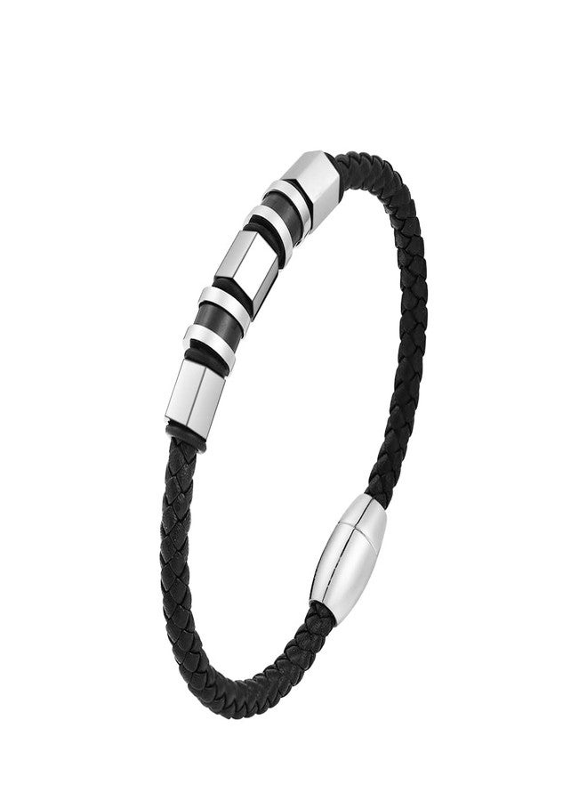 Geoffrey Beene Men's Black Braided Leather Bracelet Wristband with Stainless Steel Ornaments - Image 1