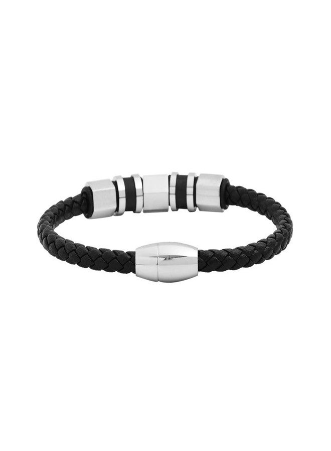 Geoffrey Beene Men's Black Braided Leather Bracelet Wristband with Stainless Steel Ornaments - Image 3