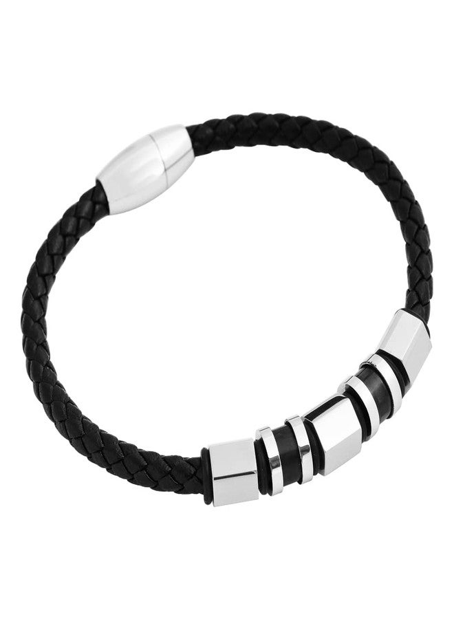 Geoffrey Beene Men's Black Braided Leather Bracelet Wristband with Stainless Steel Ornaments - Image 5