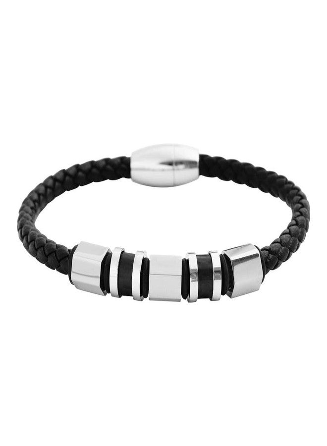 Geoffrey Beene Men's Black Braided Leather Bracelet Wristband with Stainless Steel Ornaments - Image 2