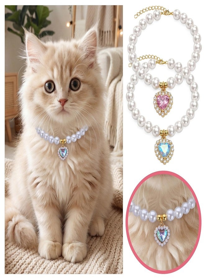 Jeffdad 2Pcs Cat Dog Pearl Collar, Cute Pearl Cat Collar, Heart Rhinestone Pet Necklace Adjustable Pearls Dog Cats Collars Pet Jewelry Accessories for Small Dogs Cats - Image 5