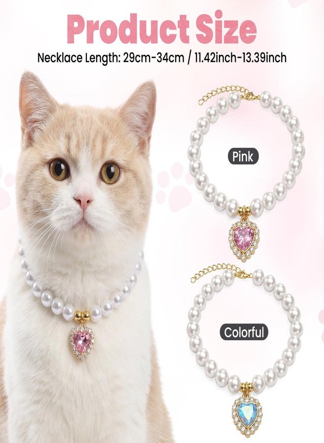 Jeffdad 2Pcs Cat Dog Pearl Collar, Cute Pearl Cat Collar, Heart Rhinestone Pet Necklace Adjustable Pearls Dog Cats Collars Pet Jewelry Accessories for Small Dogs Cats - Image 2