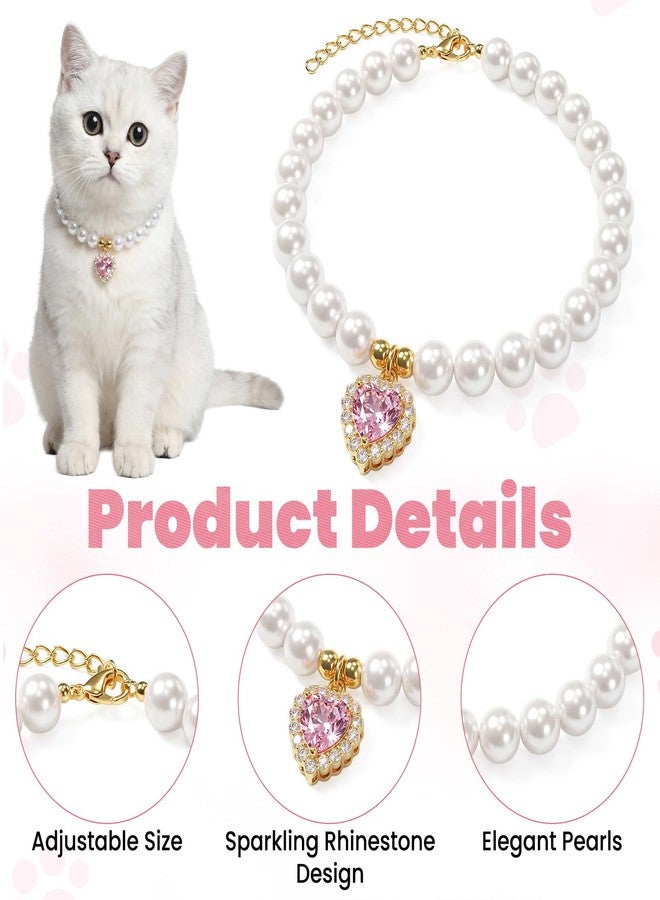 Jeffdad 2Pcs Cat Dog Pearl Collar, Cute Pearl Cat Collar, Heart Rhinestone Pet Necklace Adjustable Pearls Dog Cats Collars Pet Jewelry Accessories for Small Dogs Cats - Image 3