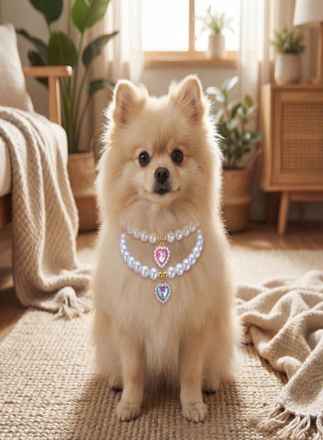 Jeffdad 2Pcs Cat Dog Pearl Collar, Cute Pearl Cat Collar, Heart Rhinestone Pet Necklace Adjustable Pearls Dog Cats Collars Pet Jewelry Accessories for Small Dogs Cats - Image 4