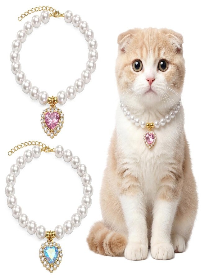 Jeffdad 2Pcs Cat Dog Pearl Collar, Cute Pearl Cat Collar, Heart Rhinestone Pet Necklace Adjustable Pearls Dog Cats Collars Pet Jewelry Accessories for Small Dogs Cats - Image 1