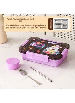Generic Factory Direct 304 Stainless Steel Lunch Box Cartoon Student Lunch Box Can Enter The Microwave Oven Sealed Compartment Lunch Box-Specifications:Purple Cute Rabbit [with Chopsticks And Spoon + Sauce Dish]-Color:1000ml Three Grids  - Image 1