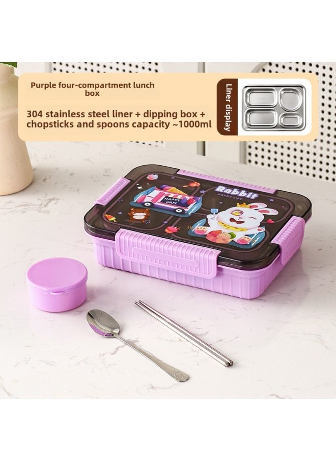 Generic - Factory Direct 304 Stainless Steel Lunch Box Cartoon Student Lunch Box Can Enter The Microwave Oven Sealed Compartment Lunch Box-Specifications:Purple Cute Rabbit [with Chopsticks And Spoon + Sauce Dish]-Color:1000ml Three Grids - Image 1