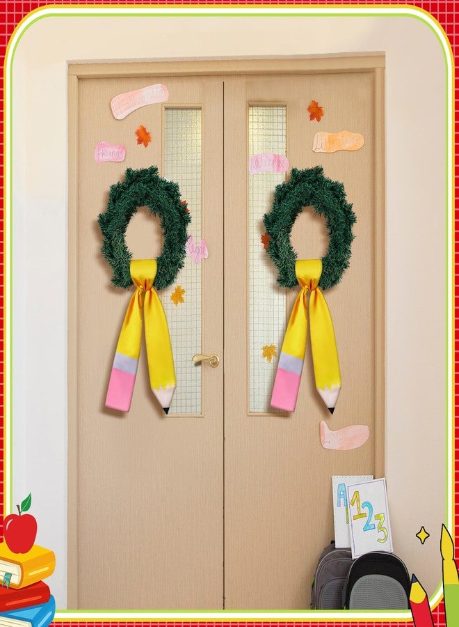 CraftyDream Pencil Wreath Sash for Front Door Yellow Teacher Appreciation Door Pencil Monogram Satin Wreath Sash for Party Supplies - Image 2