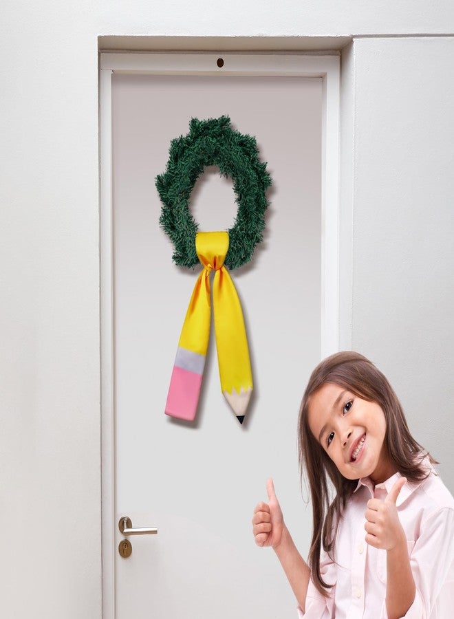 CraftyDream Pencil Wreath Sash for Front Door Yellow Teacher Appreciation Door Pencil Monogram Satin Wreath Sash for Party Supplies - Image 1