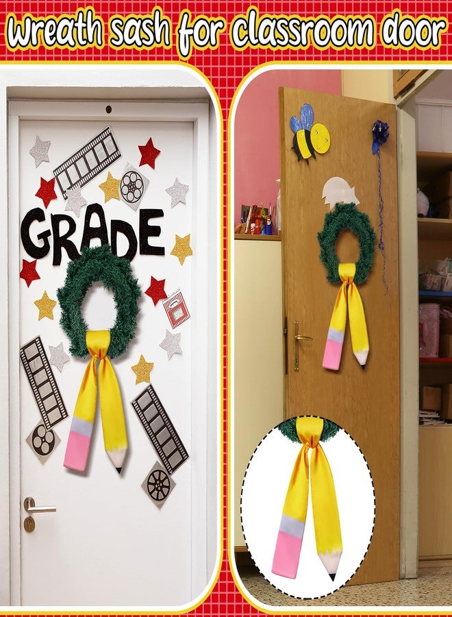 CraftyDream Pencil Wreath Sash for Front Door Yellow Teacher Appreciation Door Pencil Monogram Satin Wreath Sash for Party Supplies - Image 5