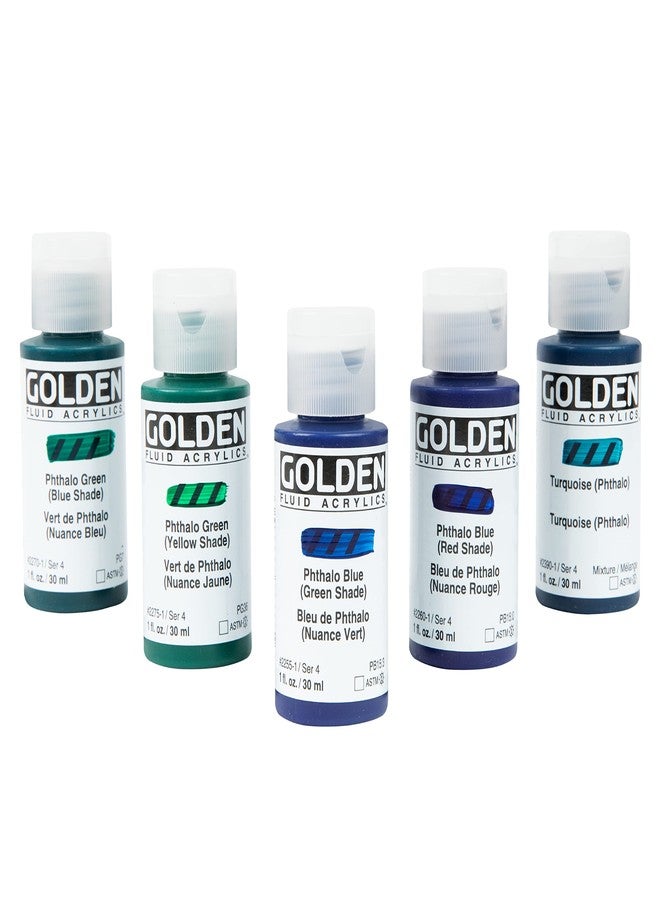 Golden Fluid Acrylic Paint Set - 5 Colors, Phthalo Blue (Green Shade), Phthalo Blue (Red Shade), Phthalo Green (Blue Shade), Phthalo Green (Yellow Shade), Phthalo Turquoise - 1 oz. Bottles