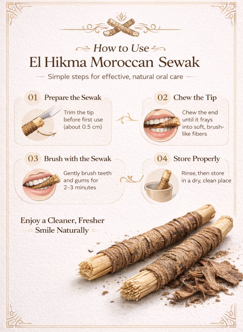Zahr El Hikma Moroccan Sewak (Miswak / Siwak) – 2pcs Natural Teeth Cleaning Stick | 100% Pure Arak Tree Chewing Sticks | Traditional Herbal Oral Care for Fresh Breath & Healthy Gums - Image 4