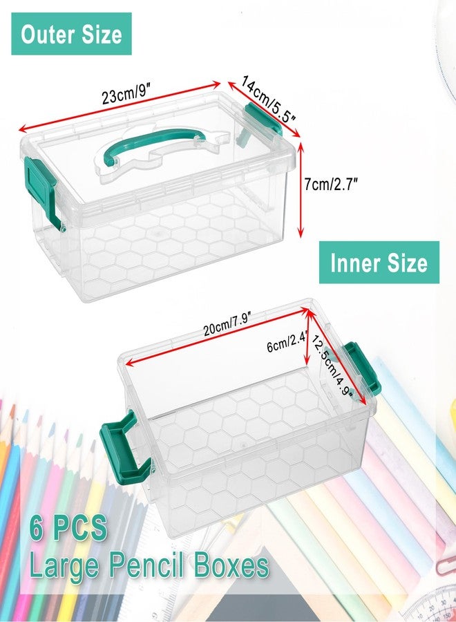 BTSKY 6-Pack Large Stackable Pencil Boxes with Handles, Transparent Pencil Case with Latching Lids & Clasp, Plastic Pencil Box Stationery Organizer Box Ideal for Craft Pen Art Office Supply, Green - Image 3