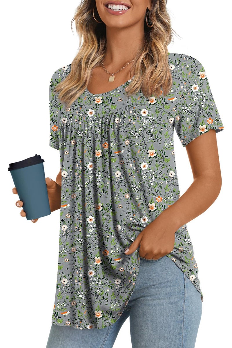 LONGYUAN Women Tunic Top Summer 2026 Shirts Short Sleeve Soft Tunics with leggings Loose Fitting Blouse Gery Fl Large - Image 1