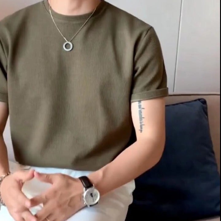 Wafflick Design Sense Summer Men'S Korean Style Loose Knitted Short Sleeve Light Mature Style Solid Color Casual T-Shirt Trendy - Image 1