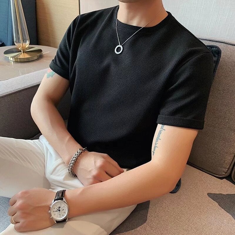 Wafflick Design Sense Summer Men'S Korean Style Loose Knitted Short Sleeve Light Mature Style Solid Color Casual T-Shirt Trendy - Image 3