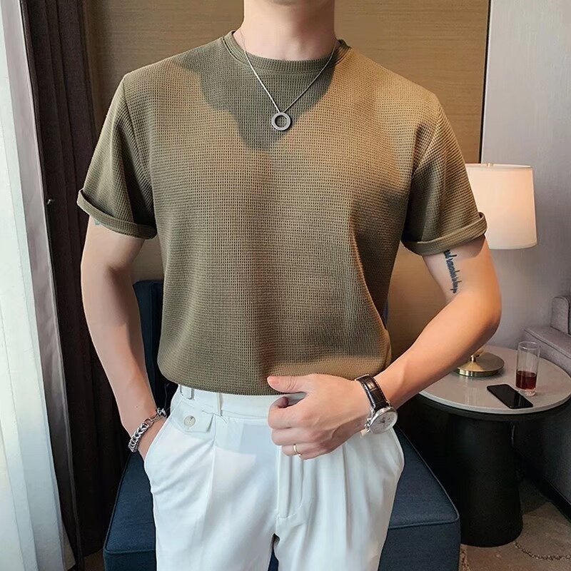 Wafflick Design Sense Summer Men'S Korean Style Loose Knitted Short Sleeve Light Mature Style Solid Color Casual T-Shirt Trendy - Image 2