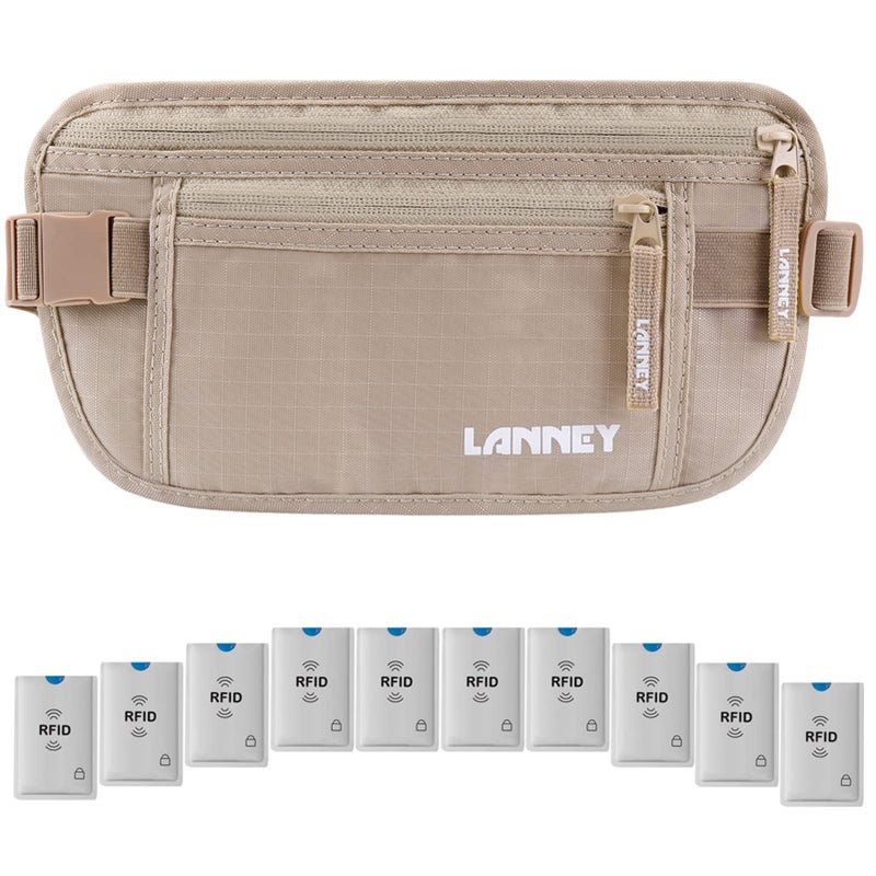 LANNEY Money Belt for Travel, Slim RFID Blocking Women and Men Hidden Travel Pouch Under Clothes, Passport Holder Protect Cash Credit Card with 10 RFID Sleeves - Image 1