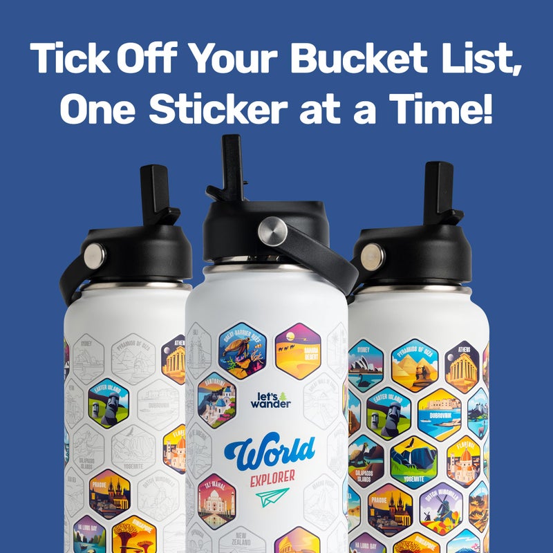 LET'S WANDER World Explorer Adventure Water Bottle with 50 Waterproof Stickers - 32oz Leakproof Insulated Stainless Steel with Straw - Travel Goal Gift Bottle (White) - Image 3