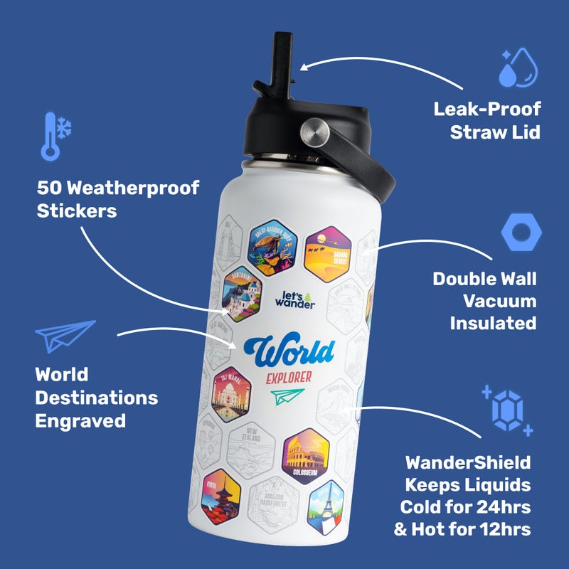 LET'S WANDER World Explorer Adventure Water Bottle with 50 Waterproof Stickers - 32oz Leakproof Insulated Stainless Steel with Straw - Travel Goal Gift Bottle (White) - Image 4