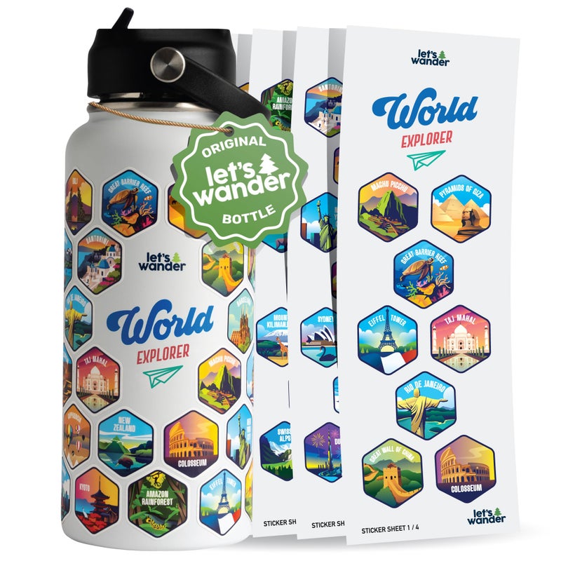 LET'S WANDER World Explorer Adventure Water Bottle with 50 Waterproof Stickers - 32oz Leakproof Insulated Stainless Steel with Straw - Travel Goal Gift Bottle (White) - Image 1