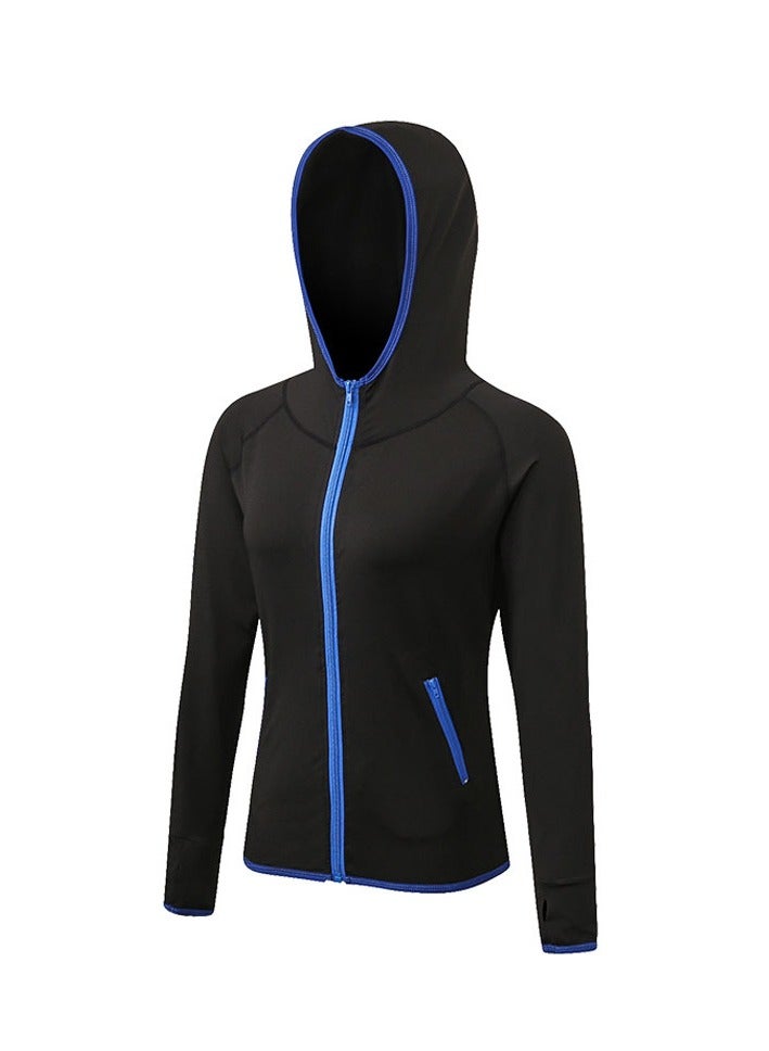 Womens Fall Winter Sports Jacket Fitness Yoga Running Colorblock Zip HoodieBlack and Blue Black and Blue