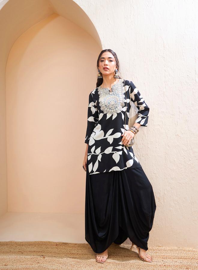 SASSAFRAS Black Floral Embroidered Kurta and Dhoti Skirt Set - Image 2