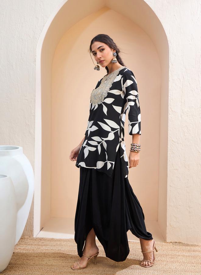 SASSAFRAS Black Floral Embroidered Kurta and Dhoti Skirt Set - Image 3