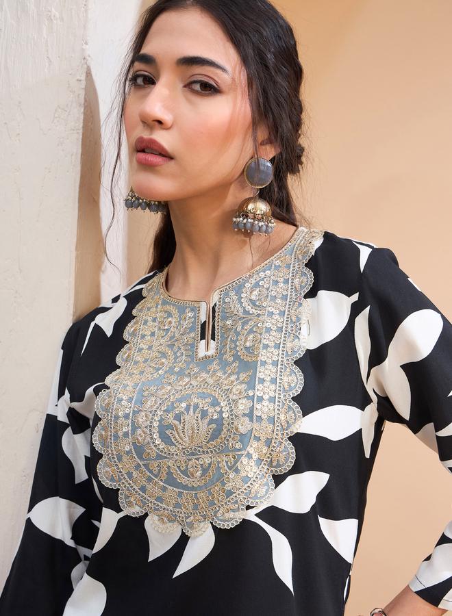 SASSAFRAS Black Floral Embroidered Kurta and Dhoti Skirt Set - Image 4