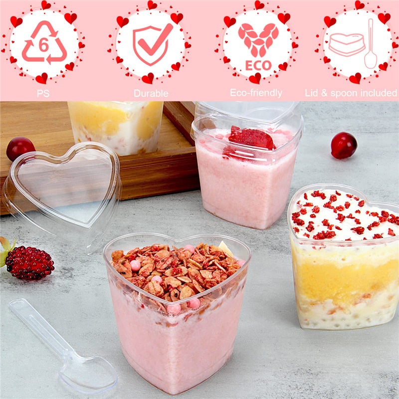 Yuxitia 50 Pcs Heart Plastic Mini Dessert Cups with Lids and Spoons 5 oz Clear Parfait cups Appetizer Cups with Lid for Party Pudding Fruit Ice Cream Cups - Image 3
