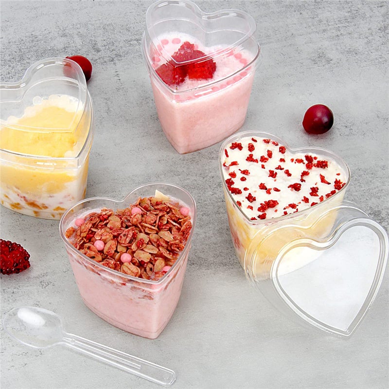 Yuxitia 50 Pcs Heart Plastic Mini Dessert Cups with Lids and Spoons 5 oz Clear Parfait cups Appetizer Cups with Lid for Party Pudding Fruit Ice Cream Cups - Image 4