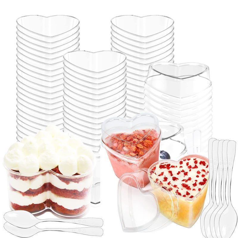 Yuxitia 50 Pcs Heart Plastic Mini Dessert Cups with Lids and Spoons 5 oz Clear Parfait cups Appetizer Cups with Lid for Party Pudding Fruit Ice Cream Cups - Image 1
